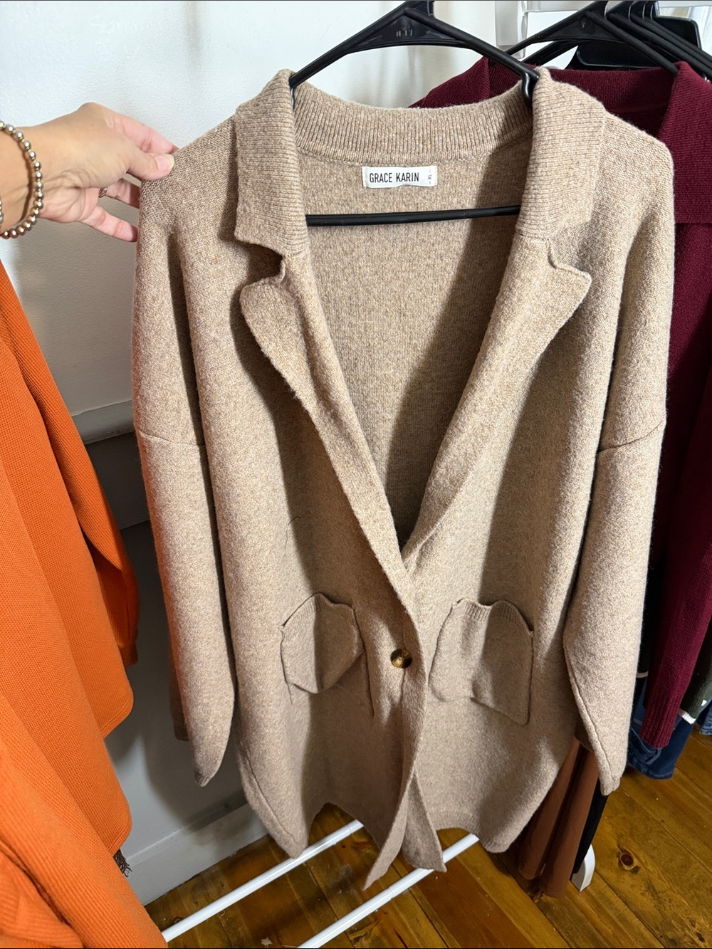 Grace Karin Camel Open-Front Knit Blazer Cardigan